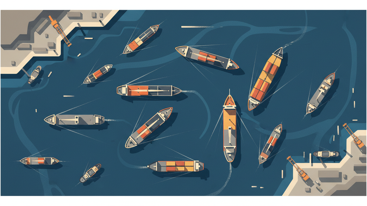 Overhead view of vessels at a busy harbor entrance