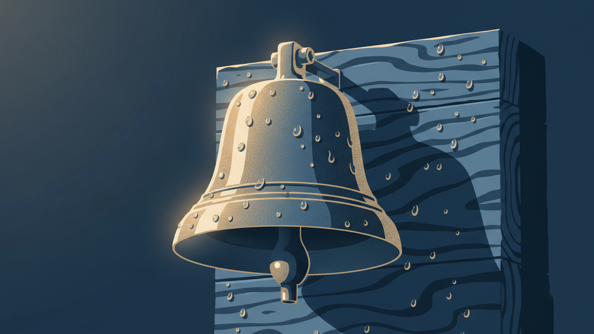 Close-up of a brass ship's bell on weathered teak