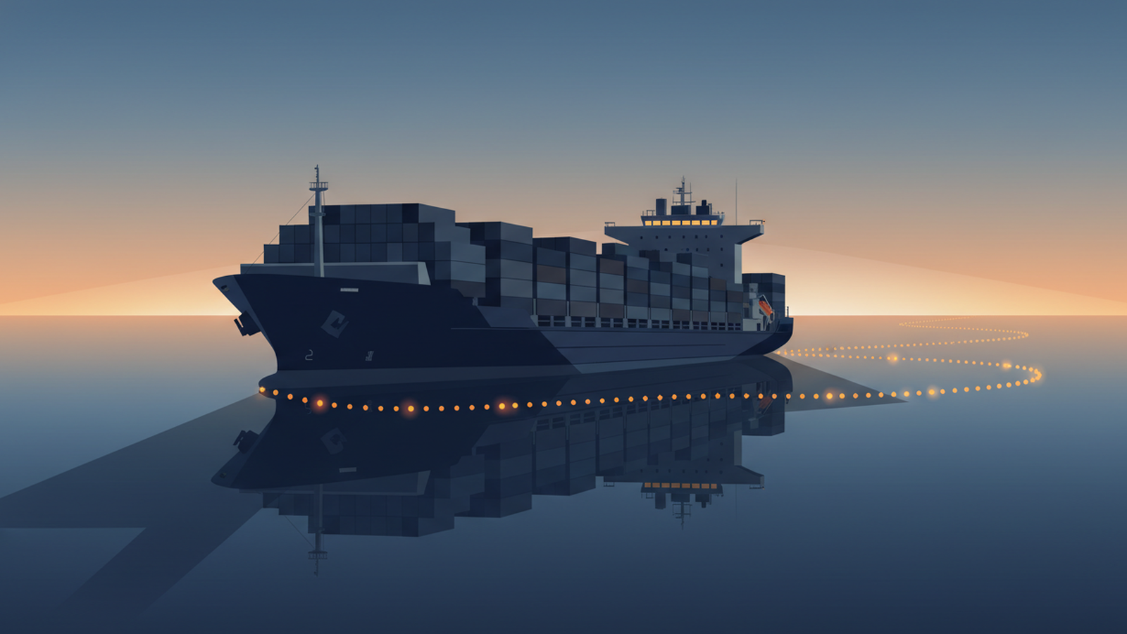 Container ship crossing a buoyed boundary at dawn