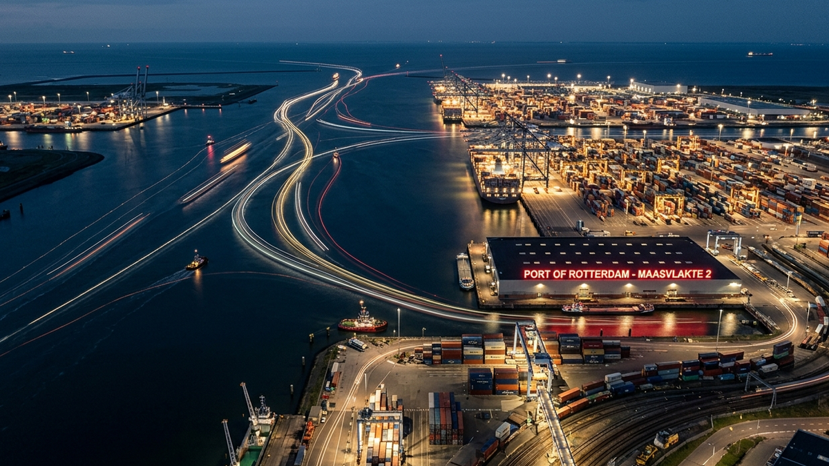 Overhead view of a busy port at dusk with ship light trails