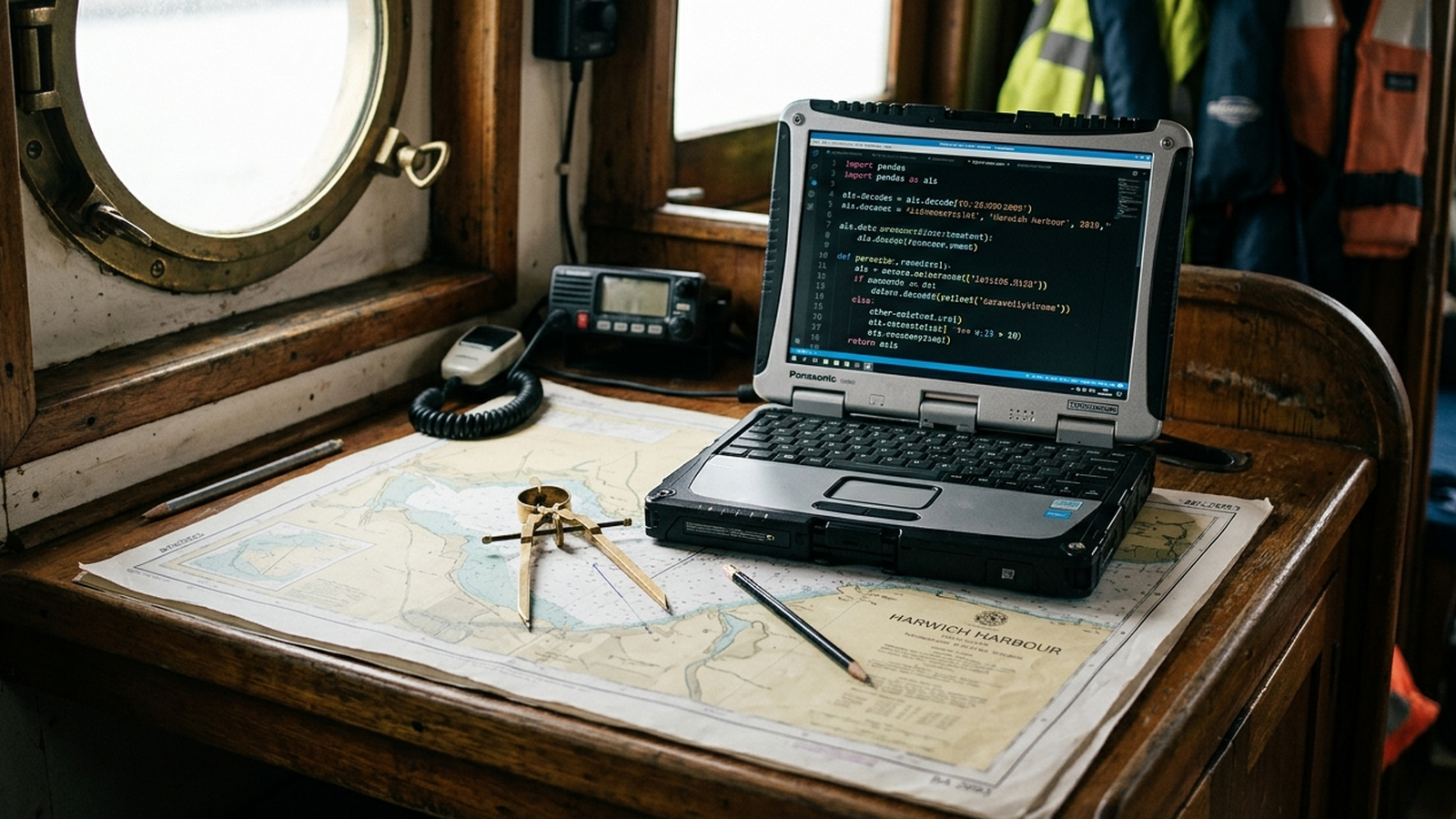 Laptop showing Python code beside a paper nautical chart