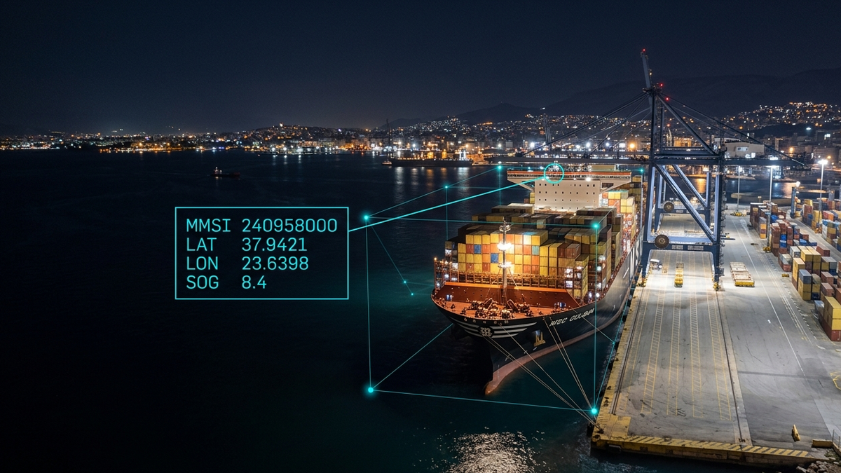 A developer's screen showing JSON vessel data next to a ship tracking map