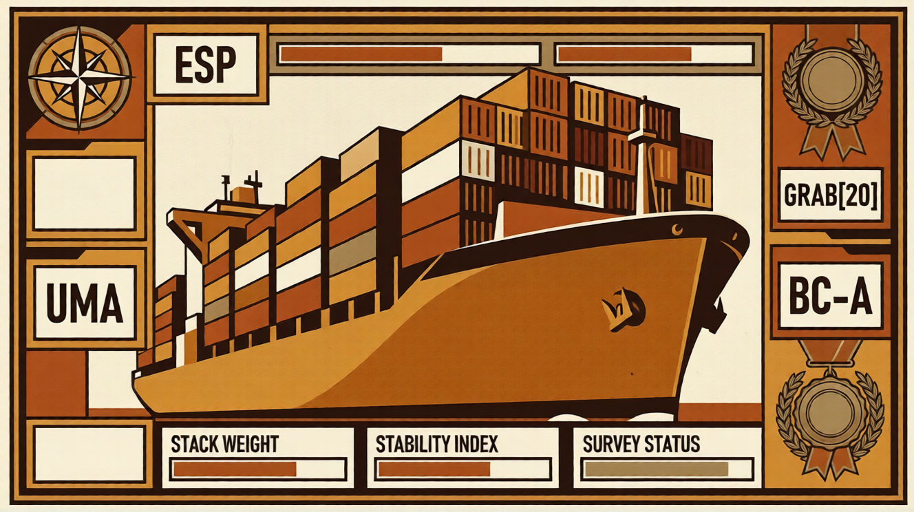 Container ship classification sheet in amber propaganda poster style, showing Korean Register notation codes