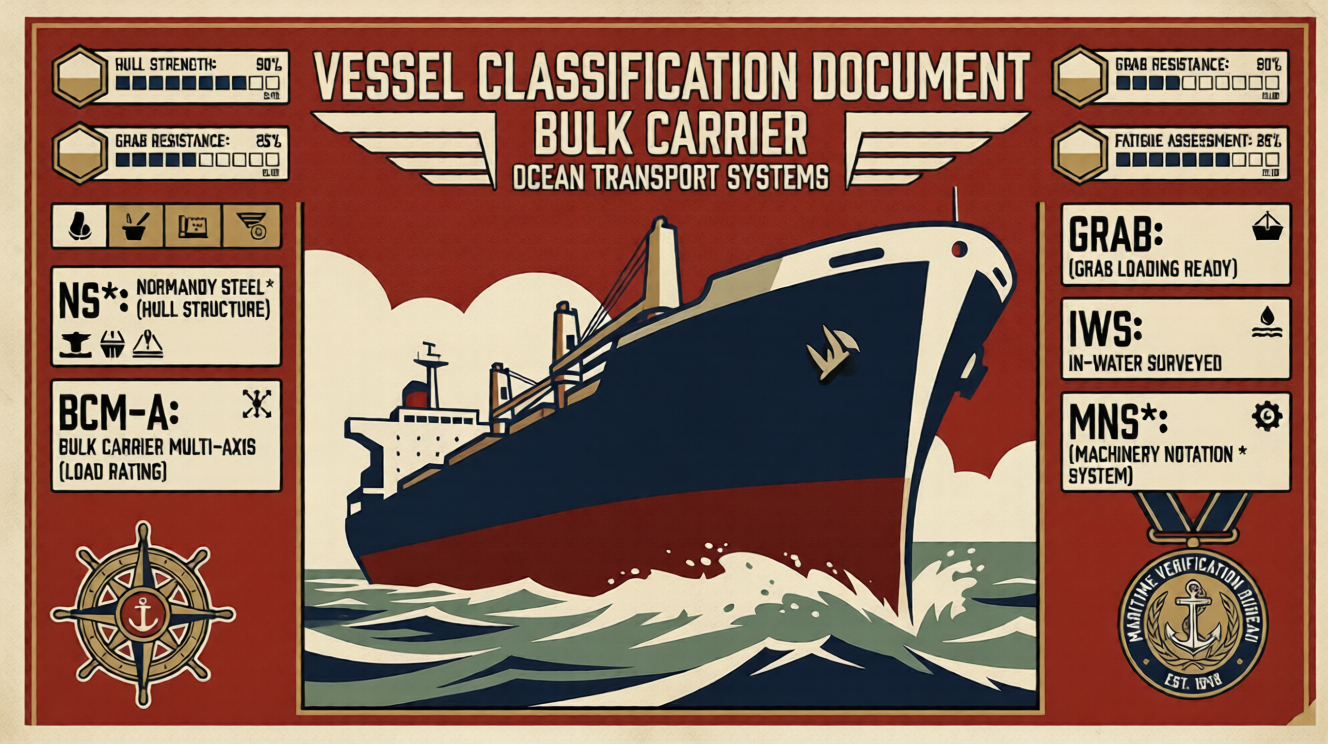 Heroic illustration of a bulk carrier in propaganda poster style, surrounded by classification notation codes like a character sheet