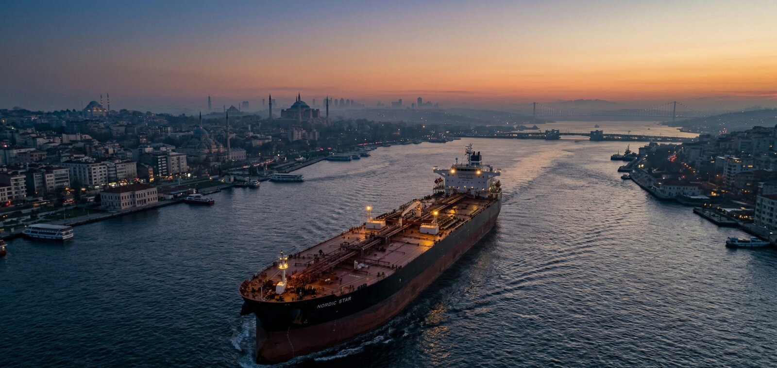 A Suezmax oil tanker transiting the Bosphorus strait at dusk, Istanbul skyline in the background