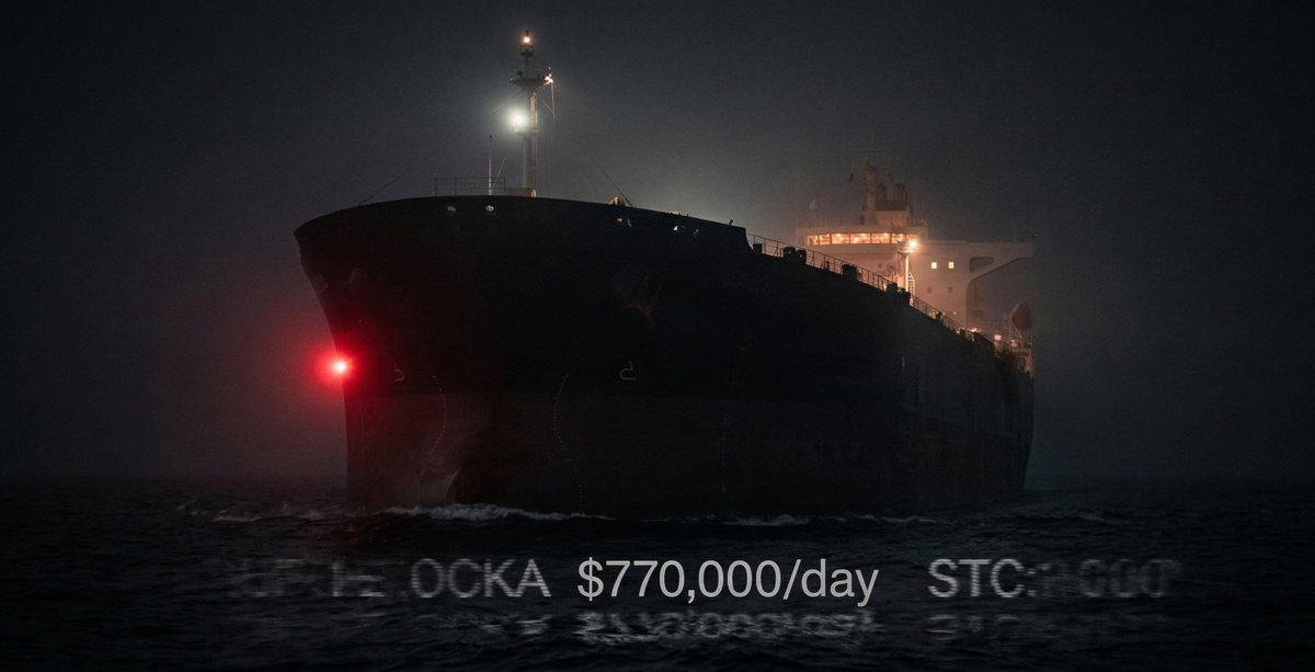 A VLCC tanker at night with $770,000/day rate overlay reflected in the water