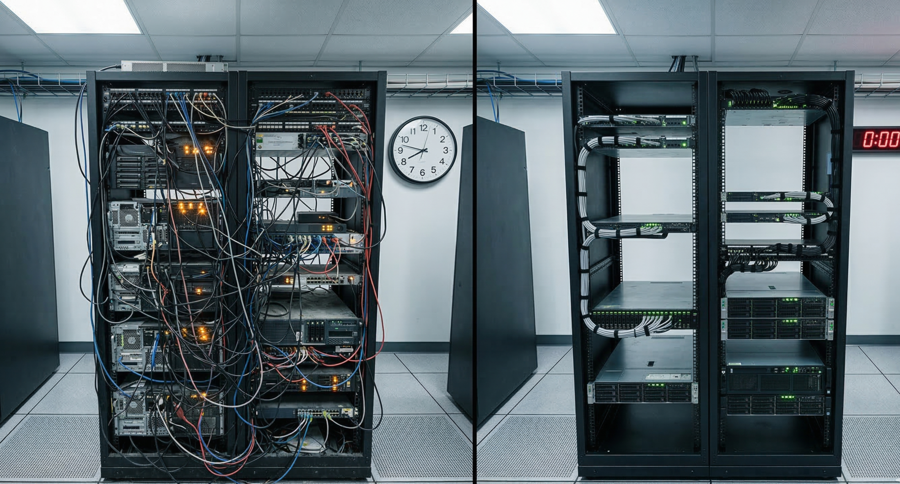 Split view of two server racks — left side cluttered with tangled cables and amber warning lights, right side clean and minimal with green status LEDs