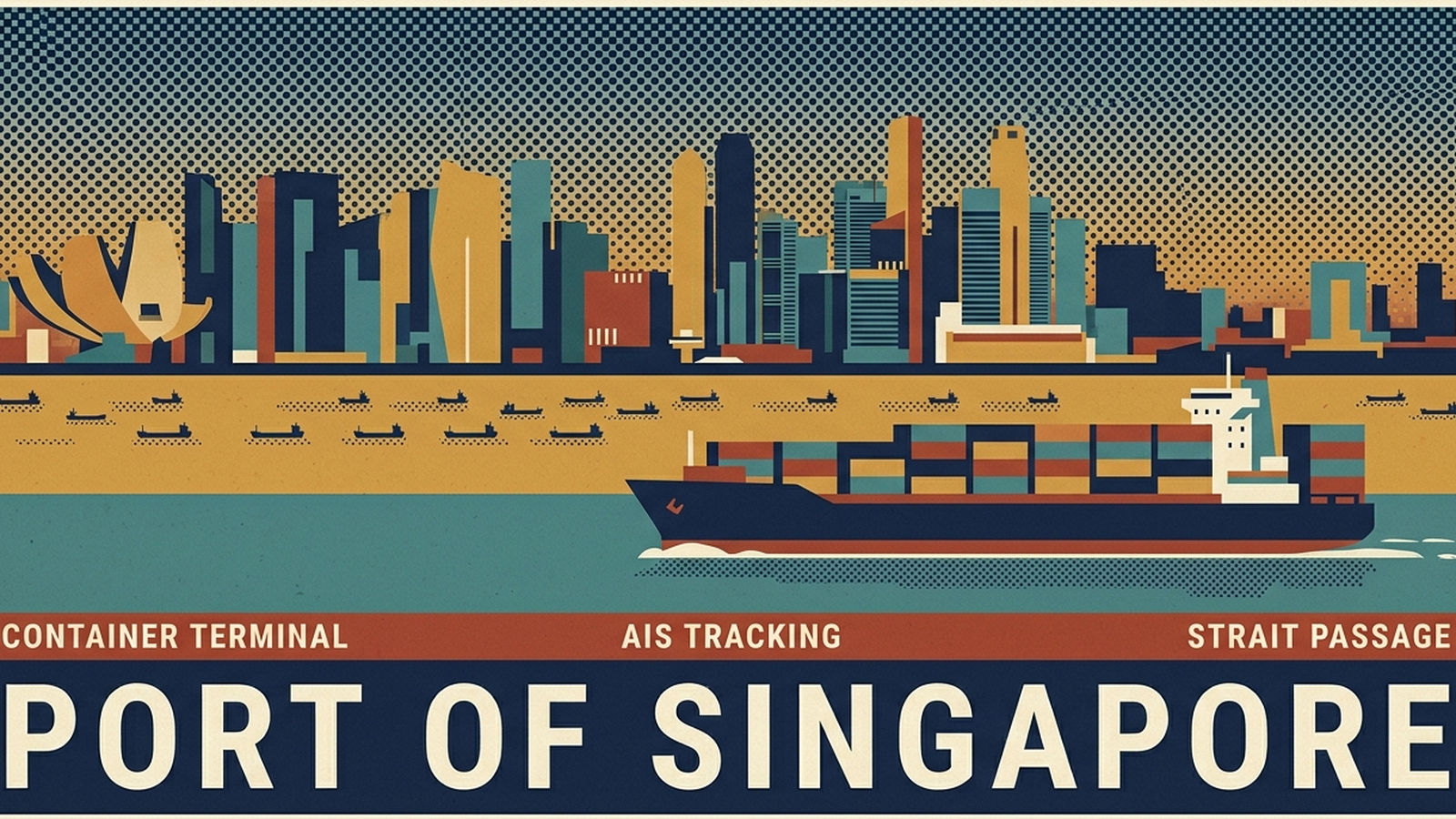 Container ship in Singapore harbor at dusk with other vessels in the background