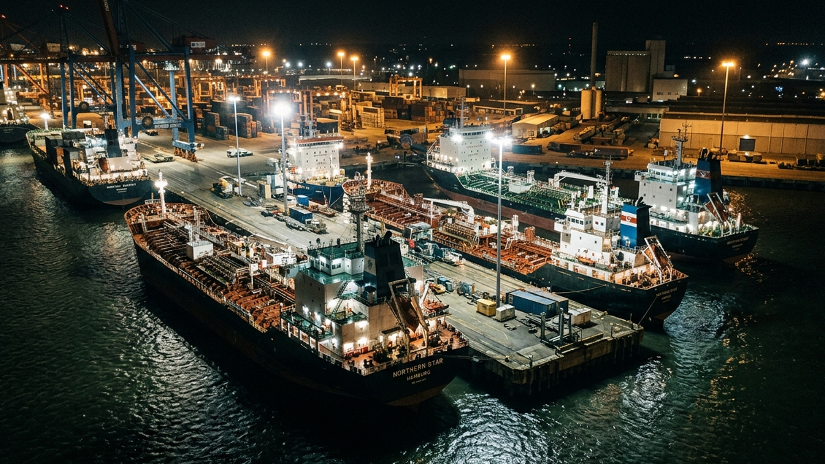 Ships at anchor under floodlights at night