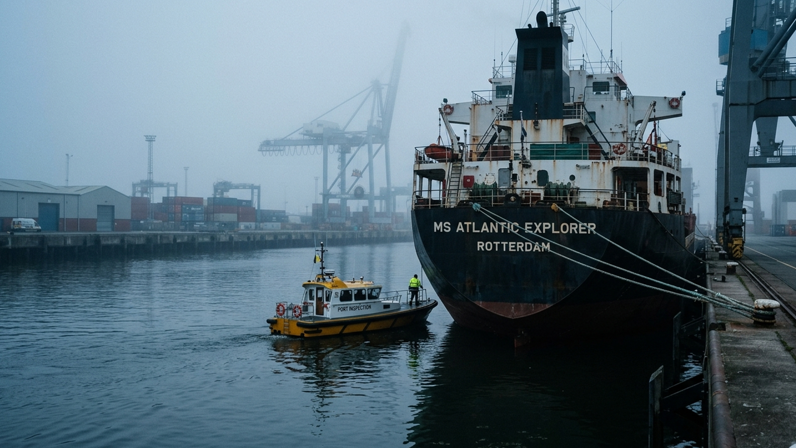 A cargo ship at a foggy berth with an inspection launch approaching
