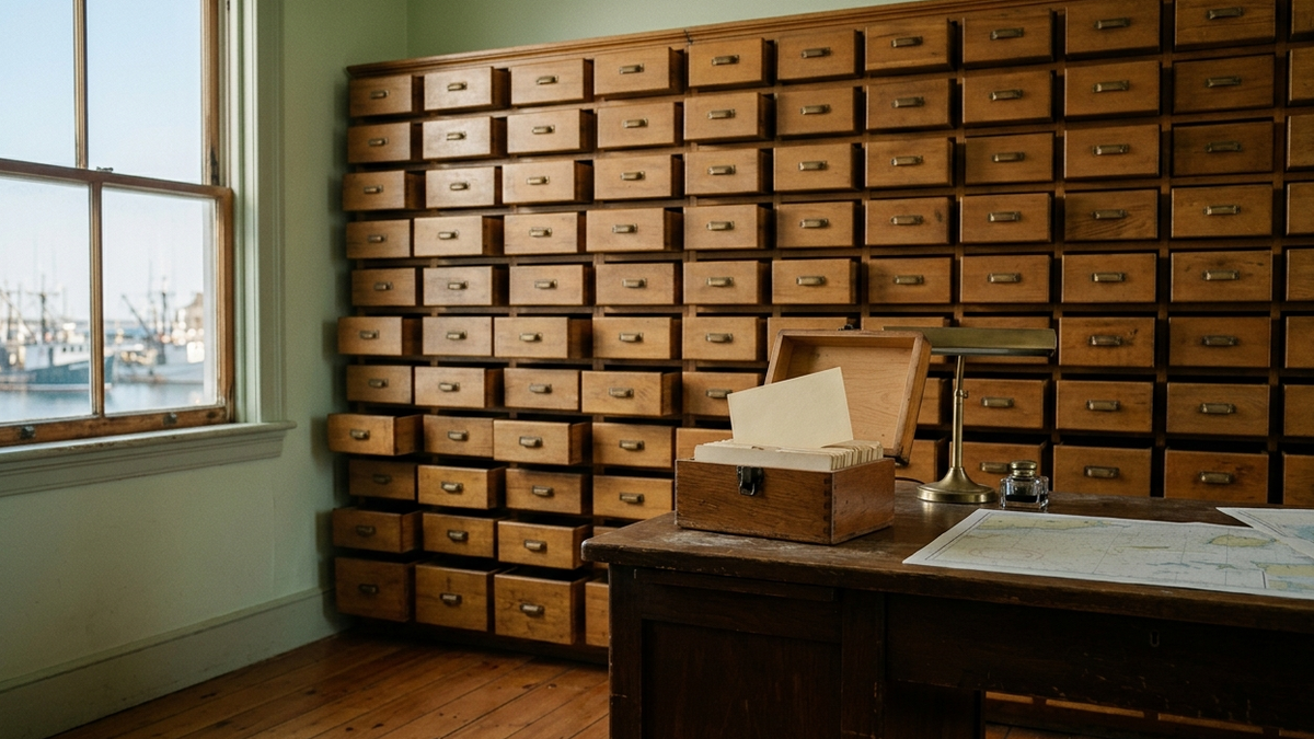 A wall of hundreds of small drawers, some pulled open, beside a single card index box on a desk