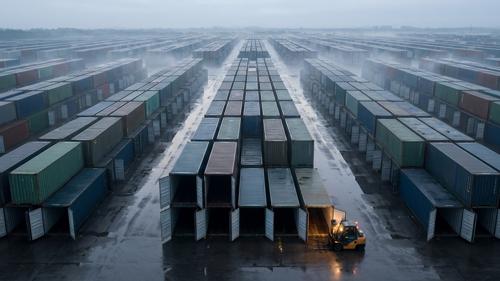 A huge container yard at dawn with containers standing open and empty, and one forklift with its lights on