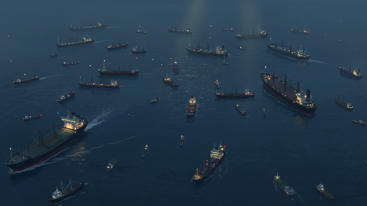 A crowded anchorage seen from above at twilight