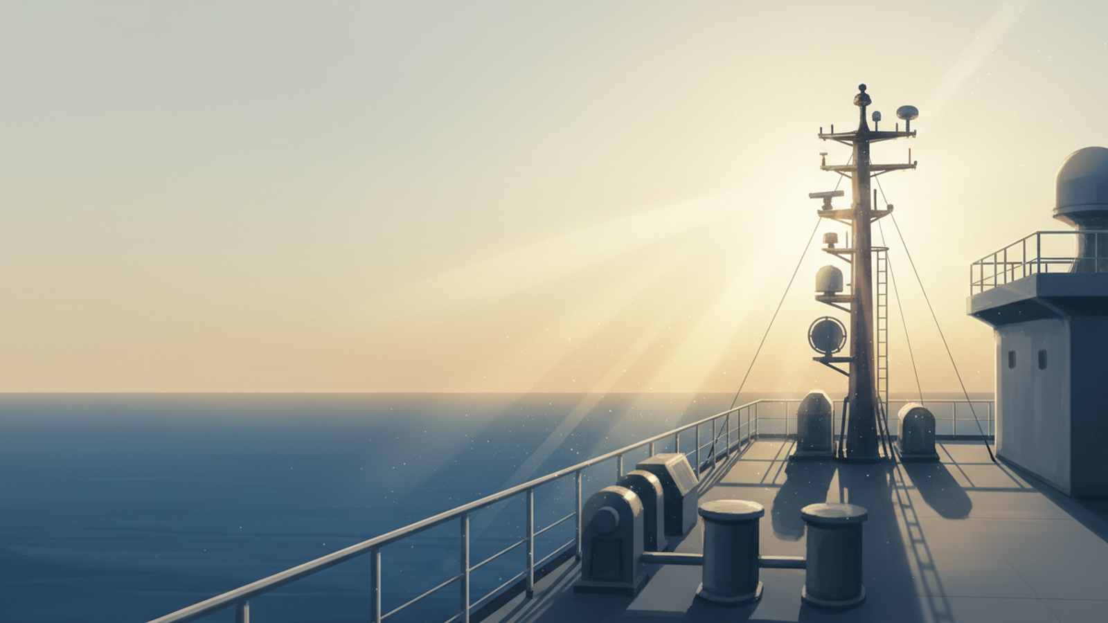 A ship's bridge and antennas silhouetted at golden hour
