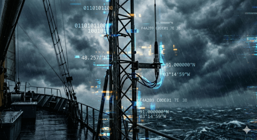Ship VHF antenna mast with glitching digital coordinate overlays showing 91.000000°N
